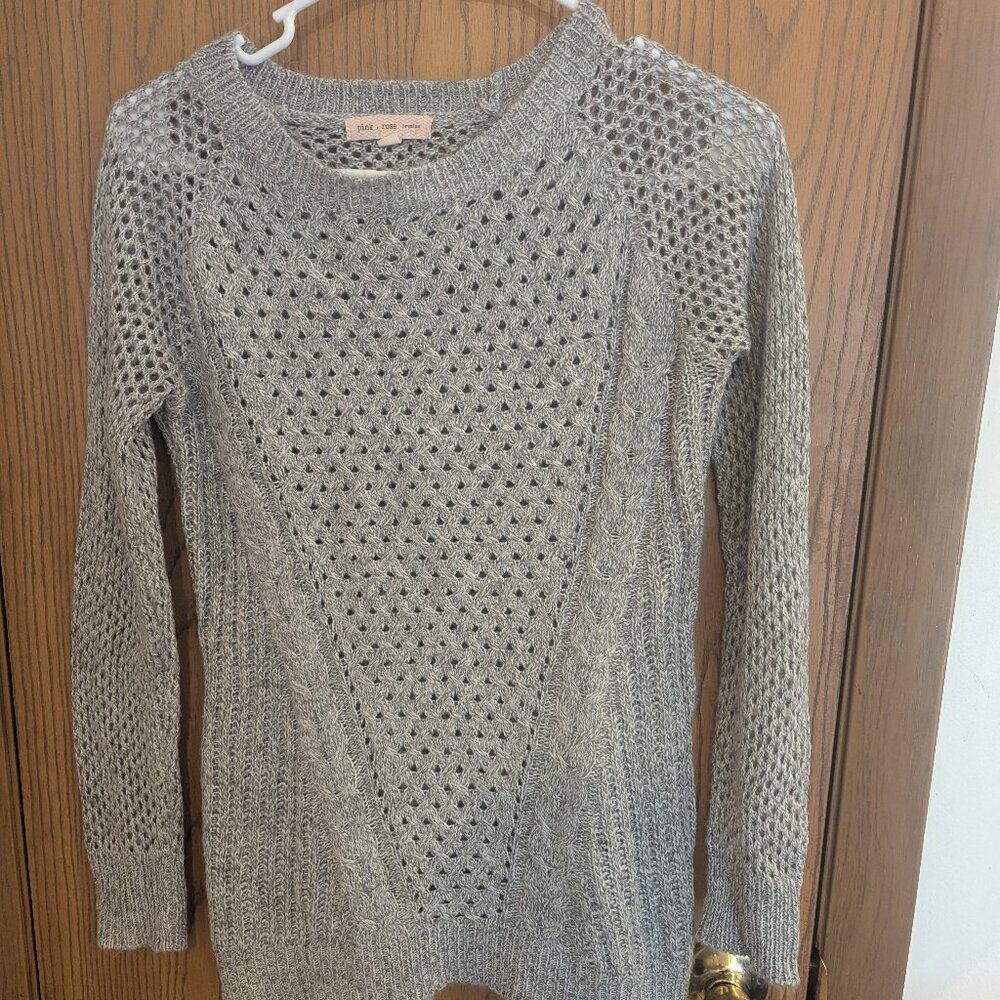 Pink Rose Premium Open Knit Light Weight Crochet Like Gray Sweater-Medium